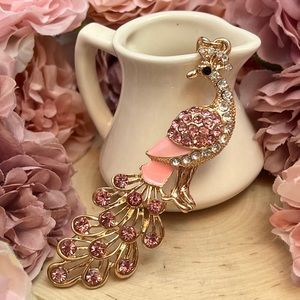 Beautiful Golden and Pink Crystal Peacock Keychain Charm